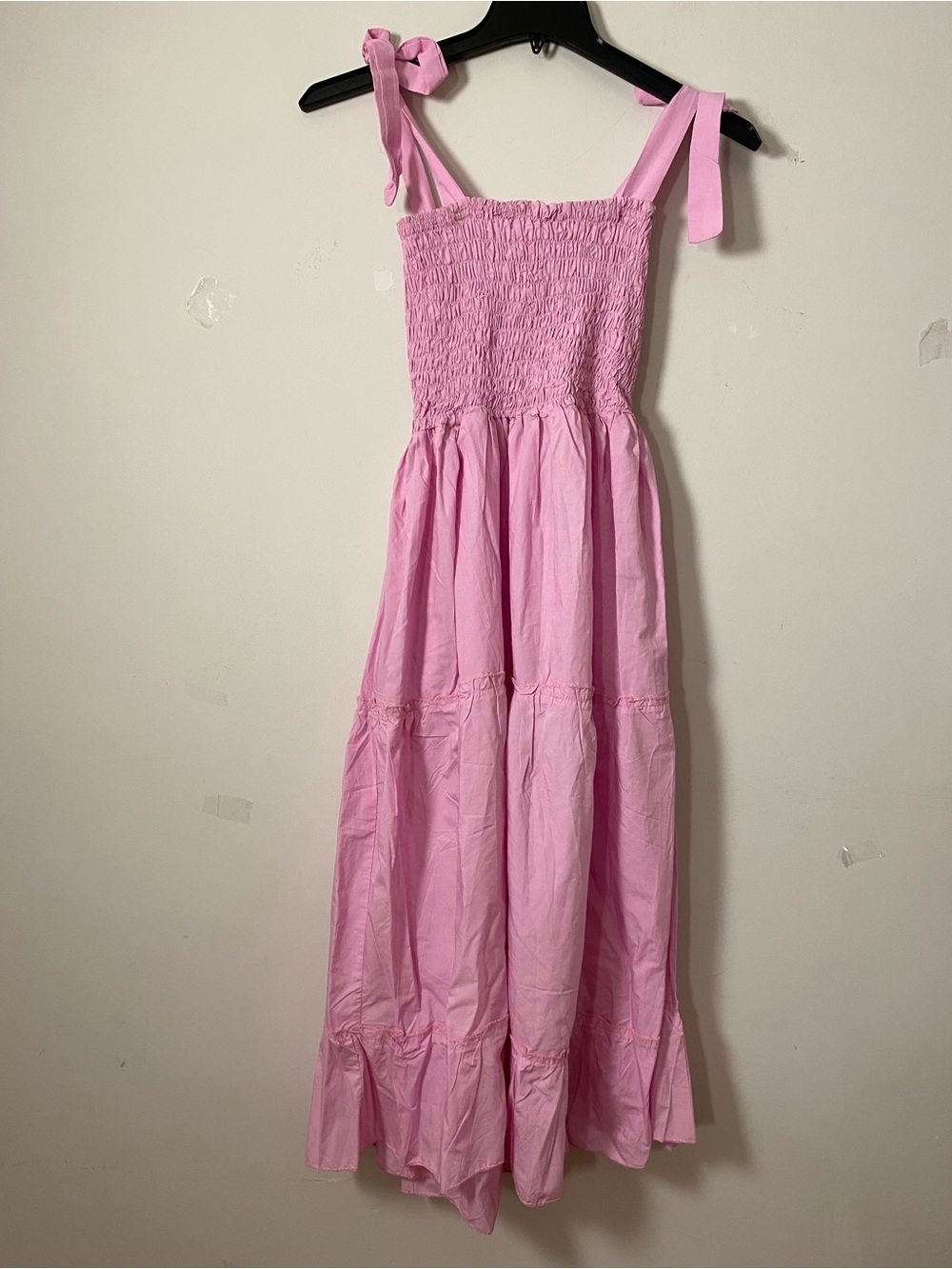 Pink Cotton Tie-Shoulder Smocked tiered Maxi Dress with pockets